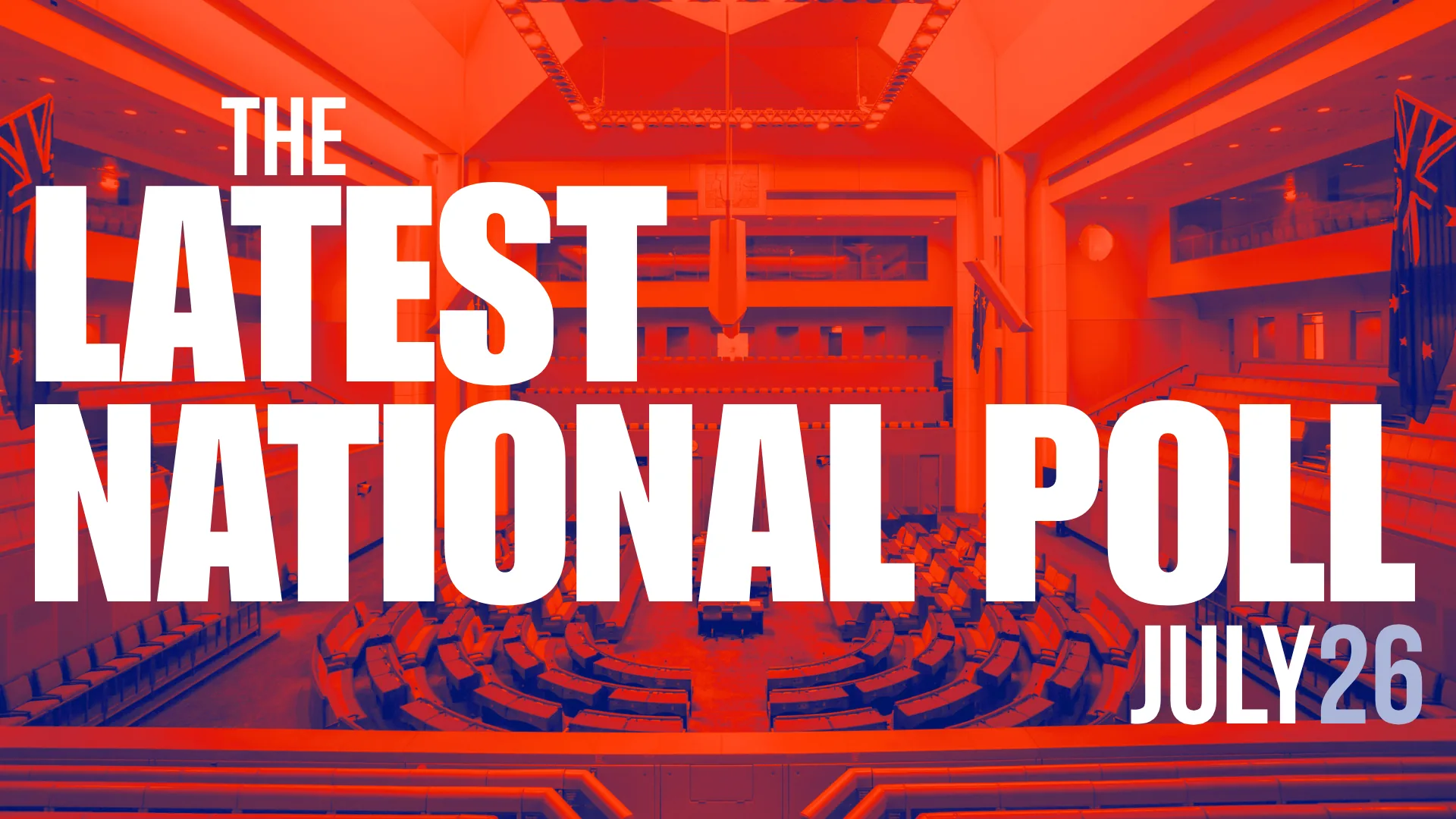 The Latest National Poll, July 2026 — dashboard artwork: the title set over the Australian House of Representatives chamber, duotoned to the Ace red