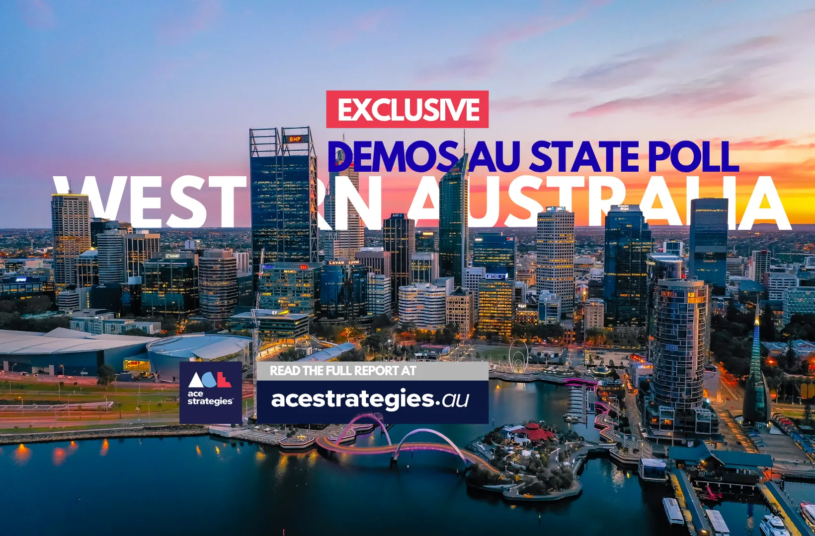 Ace Strategies exclusive DemosAU State Poll — Western Australia, Perth city skyline at dusk