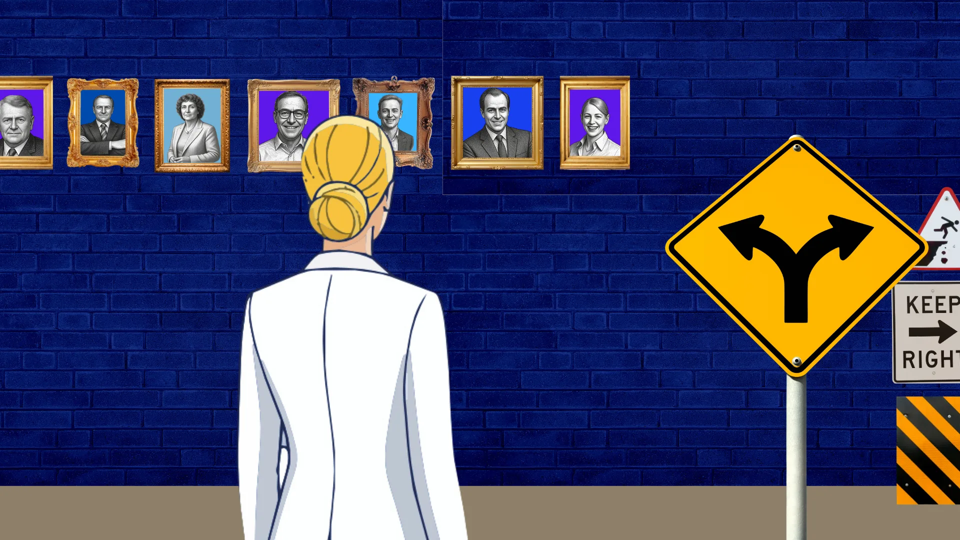 A woman surveys portraits of Liberal leaders on a wall beside a fork-in-the-road sign